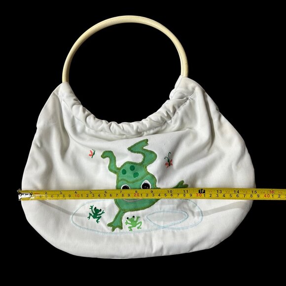 Vintage White Purse 1970s Country Fair Frog Lotus Plastic Hoop Handles Kitschy - Picture 10 of 10
